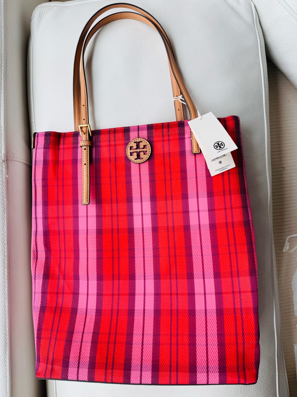Tory Burch Pink and Red Plaid Leather-Trim Tote